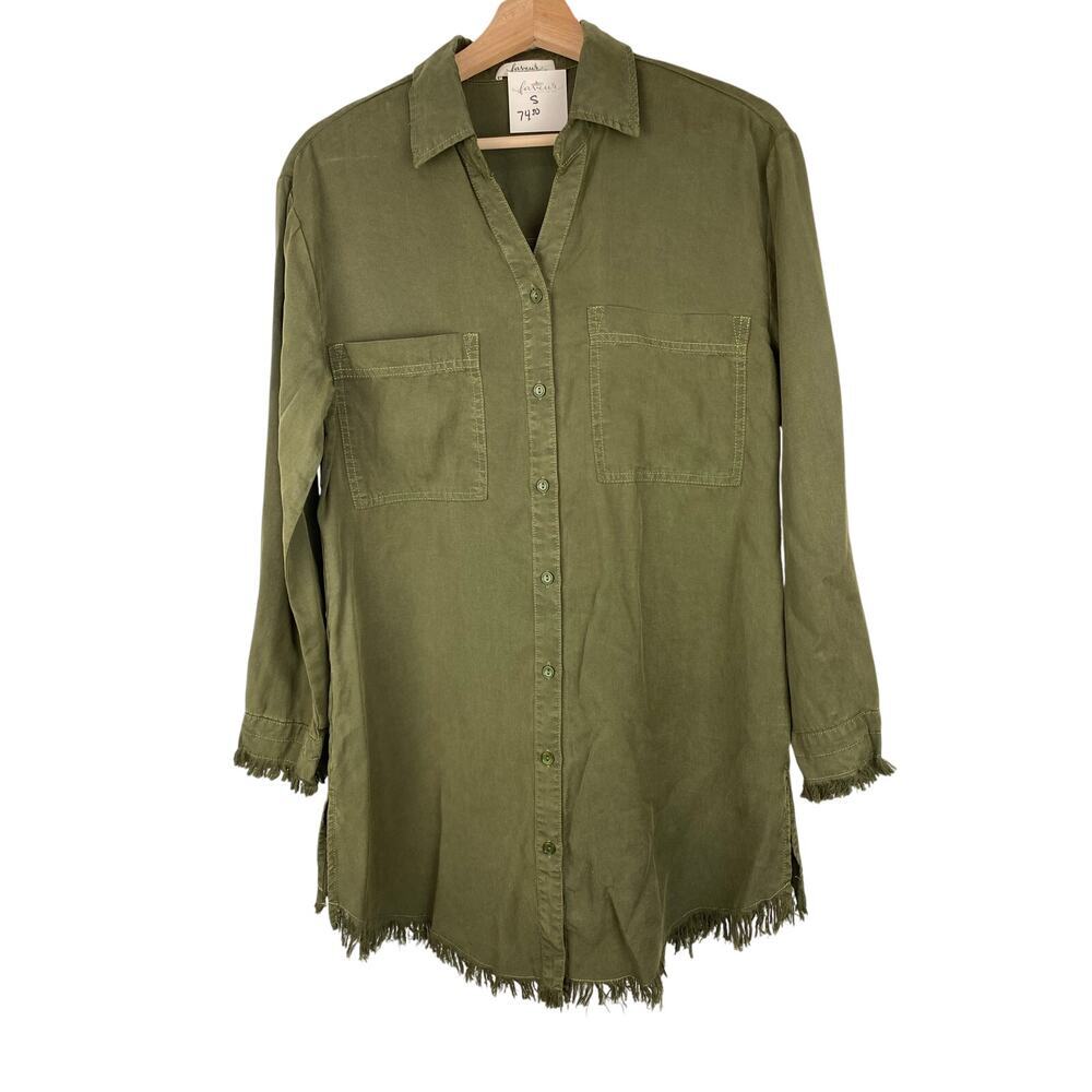 NWT Faveur Women's S Olive Green Fringed Hem Boho Mini Button Up Shirt Dress‎ *